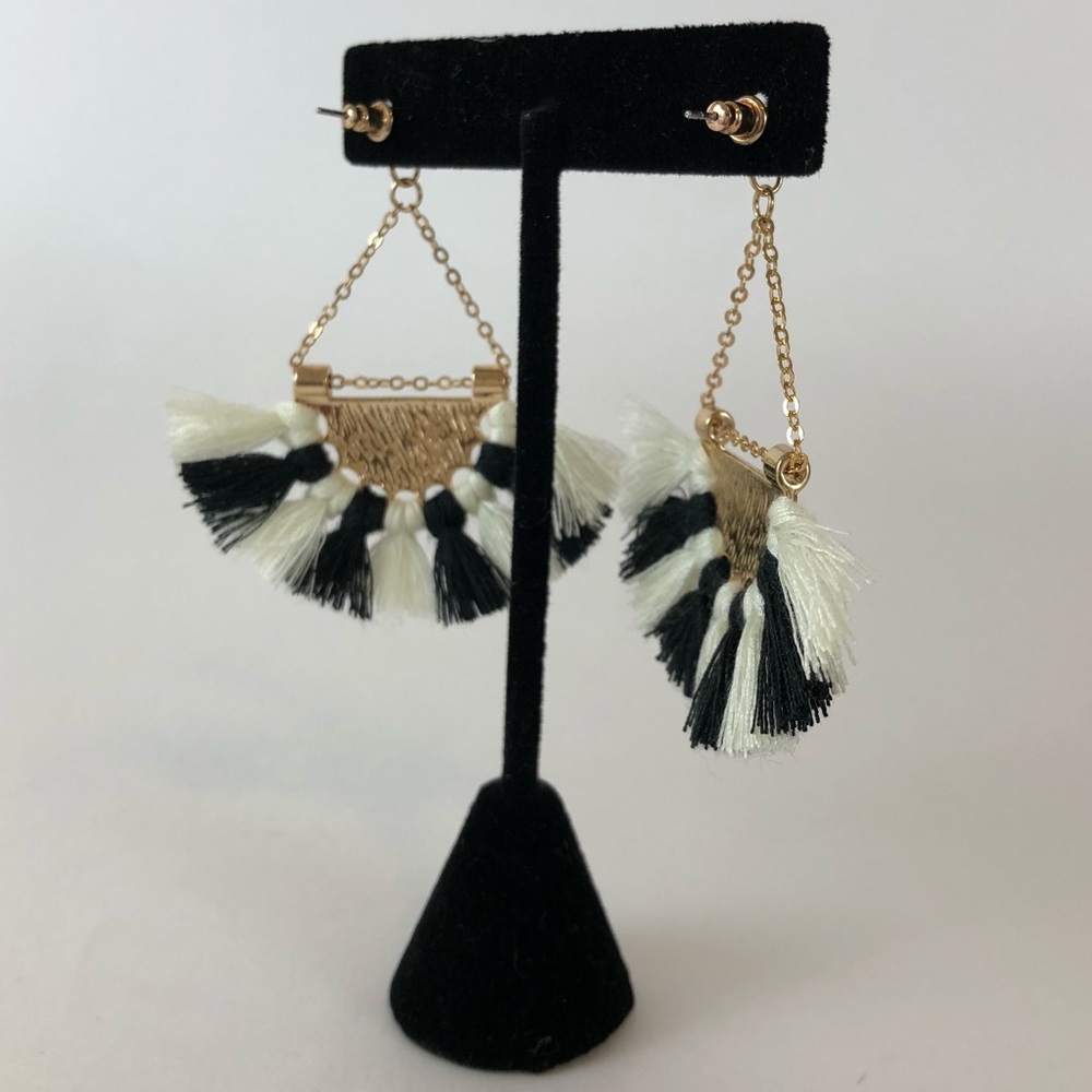 Black and White Gold Tassel Fringe Earrings - Picture 3 of 5
